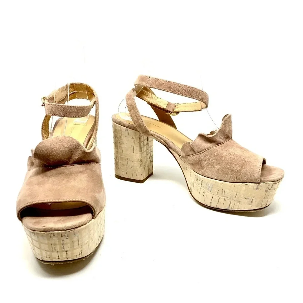 Anthropologie Ruffled Platform Heel Sandals Suede Light Pink‎ Size 41 US 10.5